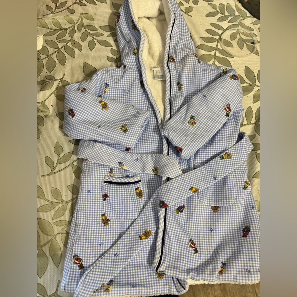 Ralph Lauren Blue Gingham Robe with Bear Motif